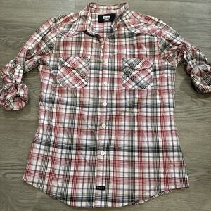 Hype Red Plaid Front Pockets Button Down Roll Tab Long Sleeve Shirt | Size S